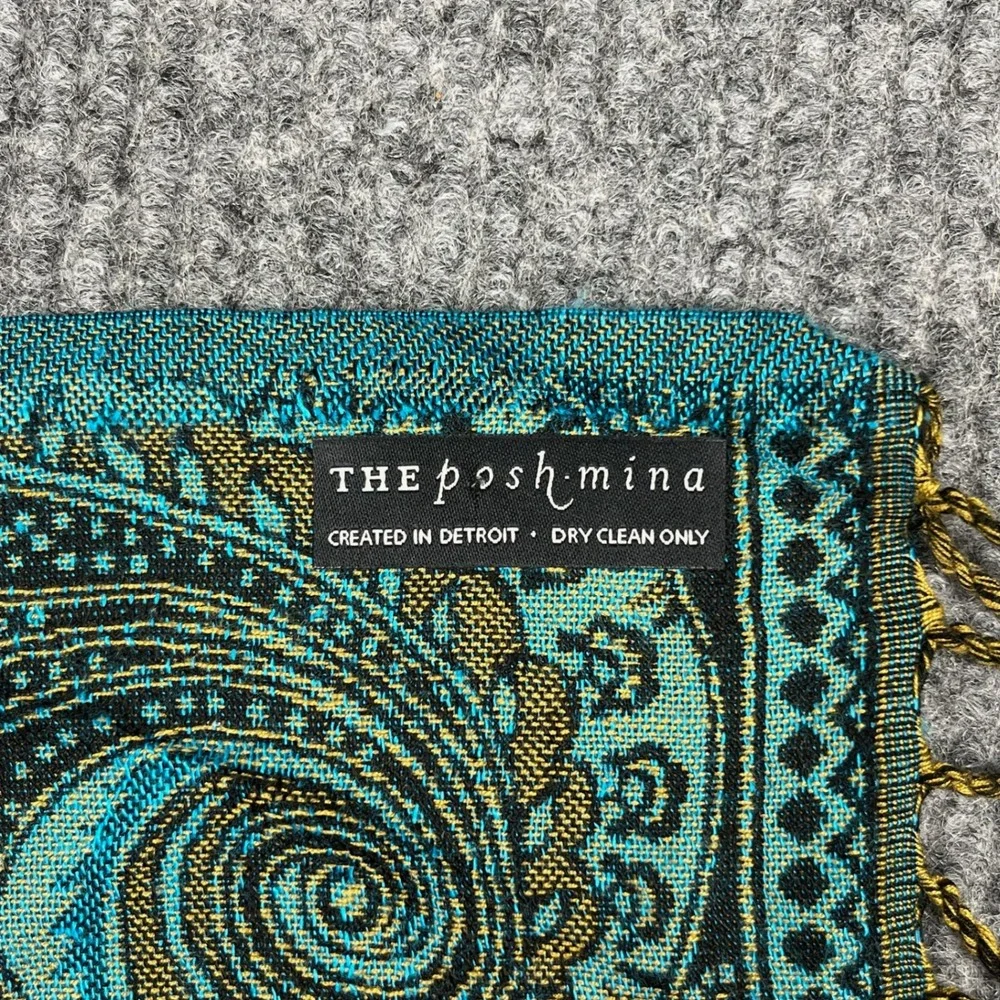 The Poshmina Scarf Womens Teal Gold Paisley Fringe Shawl Wrap Boho USA Made